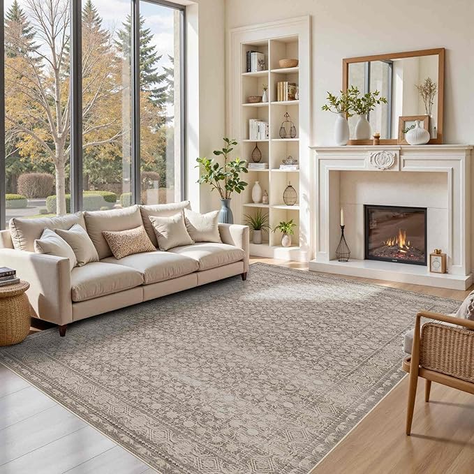 Rugxara 6x9 Washable Area Rug for Living Room, Vintage Large Boho Rugs for Office, Dining Room, Kids Room, Farmhouse, Durable Low Pile Non Slip Carpet for High Traffic Areas, Apricot