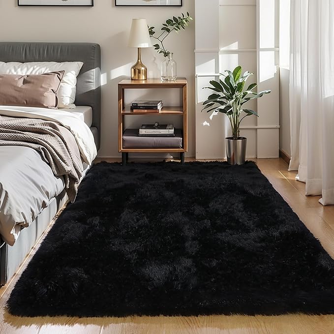 KICHOWUA 5x8 Black Fluffy Shag Rug for Bedroom, Ultra Soft Plush Fuzzy Washable Non Slip Floor Cozy Carpet, Modern Comfy Furry Shaggy Area Rug for Living Room, Kids Baby Boys Girls Nursery Dorm