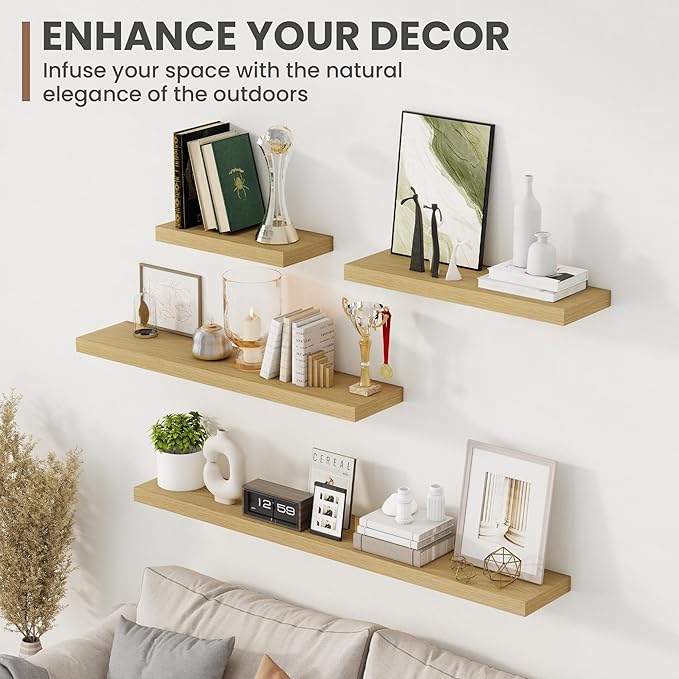 Acovy 48 Inch Floating Shelves, 8 Inch Deep Floating Shelves for Wall, Hanging Shelf with Invisible Brackets, Deep Shelves for Bathroom, Bedroom, Living Room, Oak, Set of 1