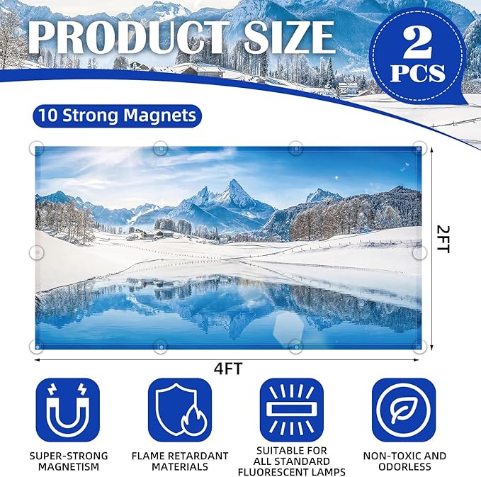ANGSYLTH 2 Pcs Fluorescent Light Covers - 4 x 2 Feet Covers for Ceiling Lights, Magnetic Light Filters for Classroom, Office, Hospitals, Home (Winter - Snow)