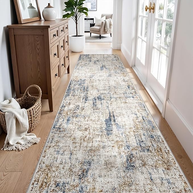 3x12 ft Long Hallway Runner Rug - Non-Slip Washable Kitchen Rug with Rubber Backing,Modern Abstract Neutral Thin Low Pile Floor Carpet Runner for Entryway,Bedroom,Living Room（Blue Brown）