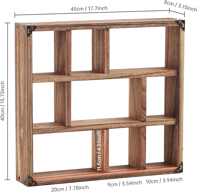 17.7x15.7-Inch Shadow Box Shelf 9-Slot Rustic Wood Floating Shelves Larger Shelf Lightweight Solid Wood Display(Set of 2,9C-Brown)