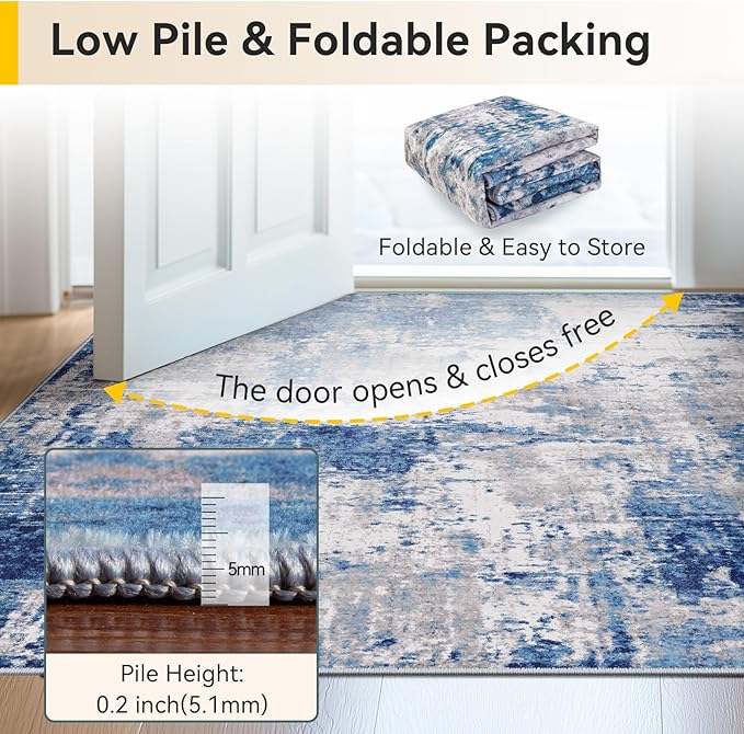 RELEANY Washable Area Rugs 6ft Non-Slip Modern Abstract Soft for Living Room Entryway Bedroom Nursery, Print Pattern, Blue Grey Navy Gray