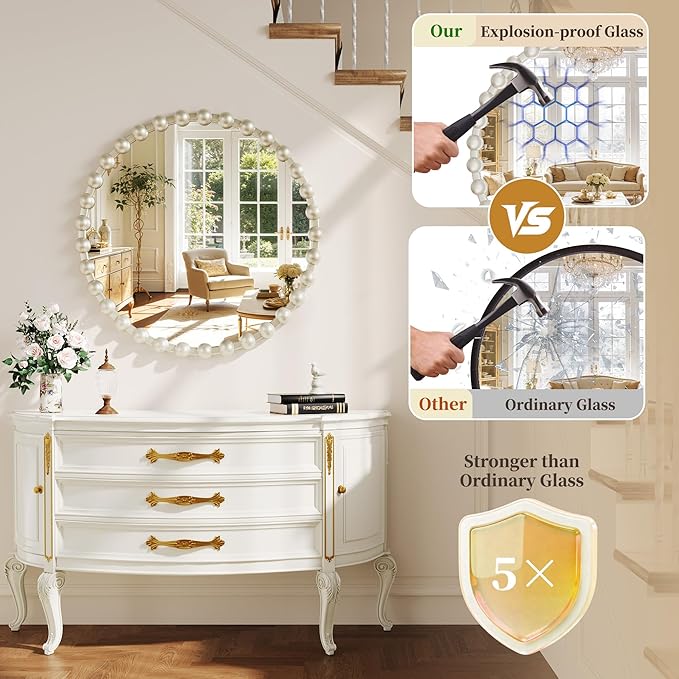 Round Vanity Mirror for Wall, 28 Inch Beaded Frame Circle Mirror for Bedroom Dresser, Bathroom, Entryway, Living Room, Decorative Hanging Wall Mirror, Silver