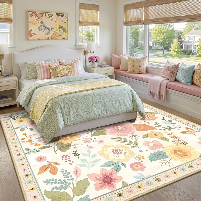 RELEANY Floral Nursery Square 6ft Area Rugs Washable Print Boho Cute Carpet Non Slip Flower Low Pile for Living Room Kids Girls Playroom Bedroom Kitchen Office Farmhouse-Beige/White/Orange