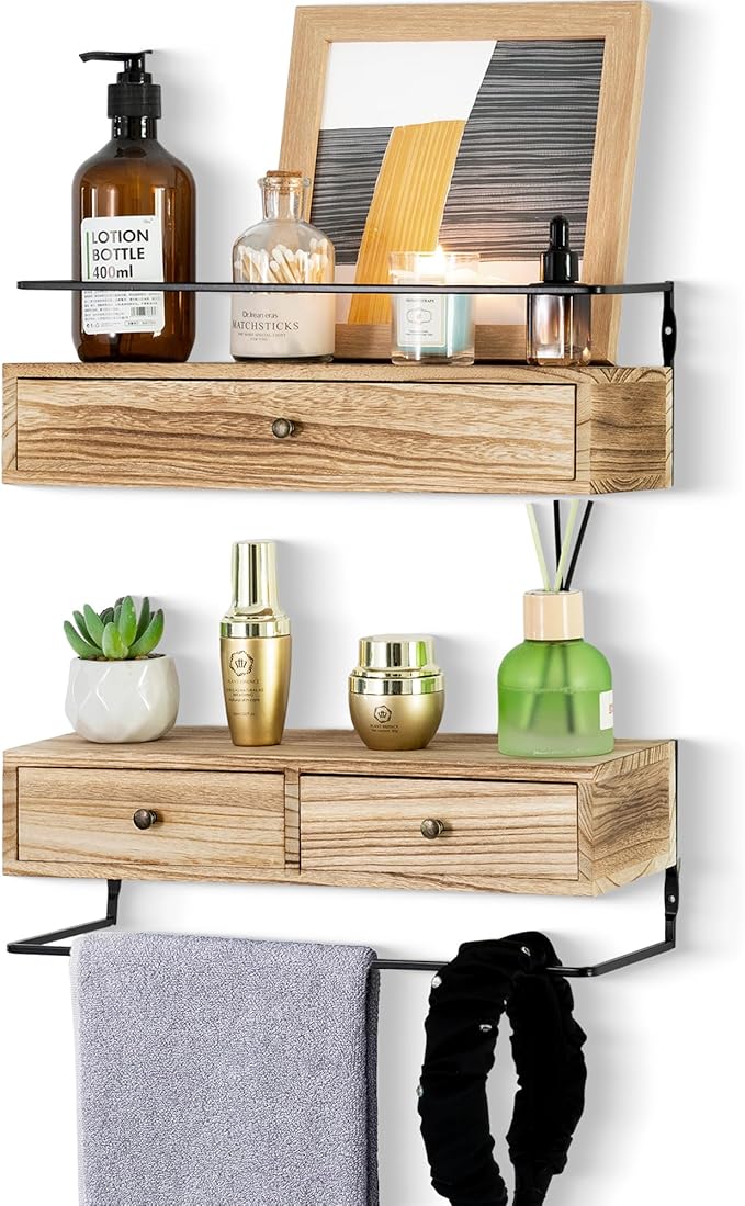 DreamPossible Floating Shelves - Wall Mounted Bathroom Shelf Set of 2 with Drawers, Rustic Wood Shelves for Bedroom, Living Room, Kitchen, Wall Decor, Plants, Books (Brown)