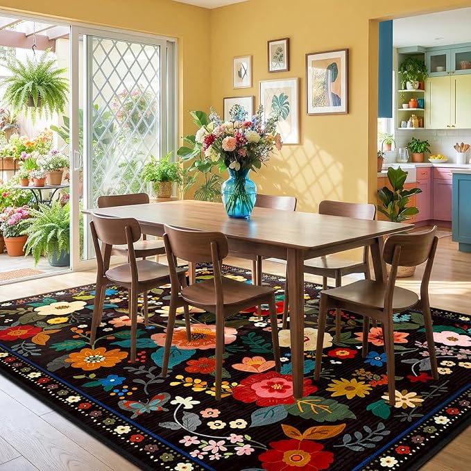 RELEANY Floral Nursery 5x8 Area Rugs Washable Print Boho Cute Carpet Non Slip Flower Low Pile for Living Room Kids Girls Playroom Bedroom Kitchen Office Farmhouse-Black