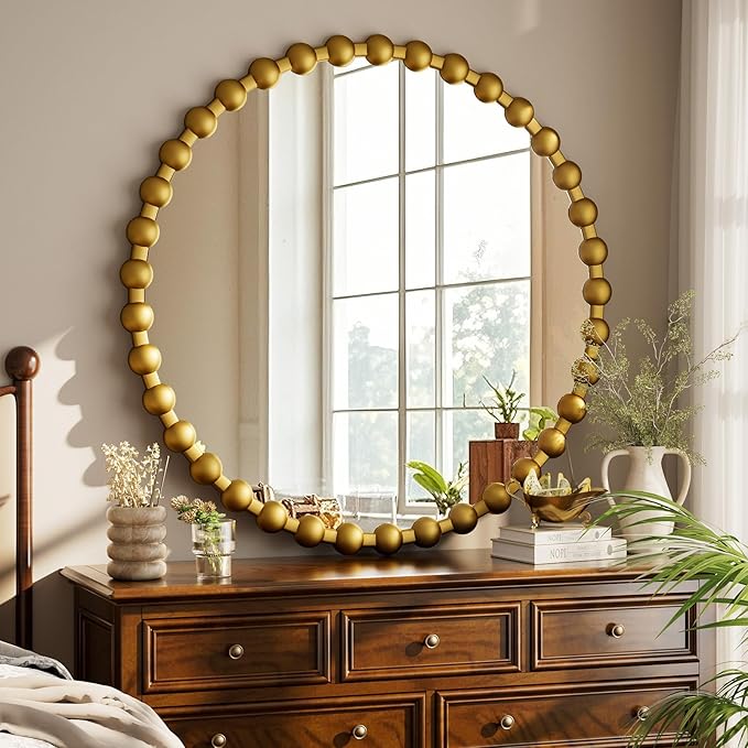 Easly Round Mirror for Wall, 32 Inch Gold Beaded Frame Decorative Vanity Mirror, Circle Bathroom Mirror with High-Definition Lense, Modern Wall Decor for Bathroom, Living Room, Bedroom, Entryway