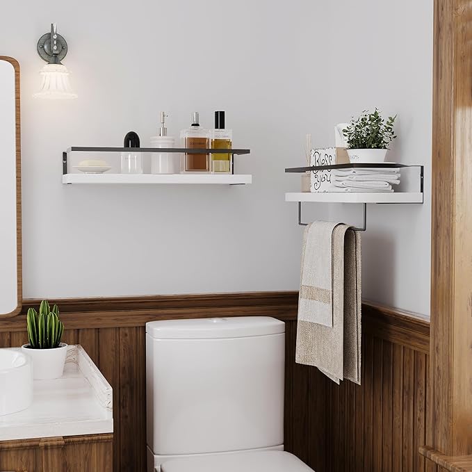 White Wood Floating Shelves Wall Mounted - 2+1 Tier Rustic Bathroom Wall Shelves Over Toilet with Towel Bar, Natural Wood Set of 2 Farmhouse Floating Shelf for Bathroom, Kitchen, Bedroom.