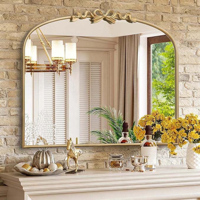 Besdomus Antique Arched Large Mirror: 36"x29" Gold Bow Vintage Wall Mounted Mirror - Baroque Traditional Ornate for Fireplace/Bathroom/Living Room - Home Decor for HFashion-Conscious