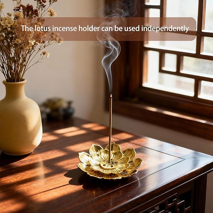 Ceramic Incense Burner, Bowl Burner,Cone Incense Burner with Brass lid for use with Stick or Cone-Shaped Incense，Lotus Incense Stick Holder Calabash Incense Stick Holder, 3pc (Fambe Red)