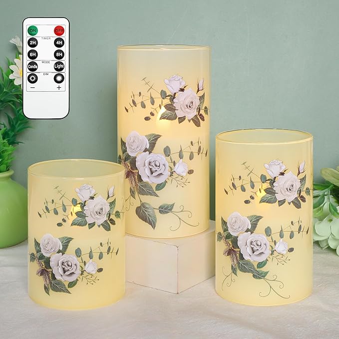 Flameless Candles with Remote & Timer, Love Theme Battery Operated Flickering Glass Rose LED Candles, Bedroom Home Christmas Valentine's Day Decor Table Ornament, Set of 3