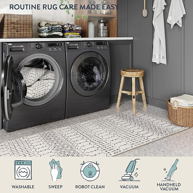 Lahome Moroccan Washable 2x6 Runner Rug, Non-Slip Beige Kitchen Hallway Runner Rug, Ultra Soft Geometric Print Distressed Floor Carpet for Hallways Entryway Bedroom Laundry Hana