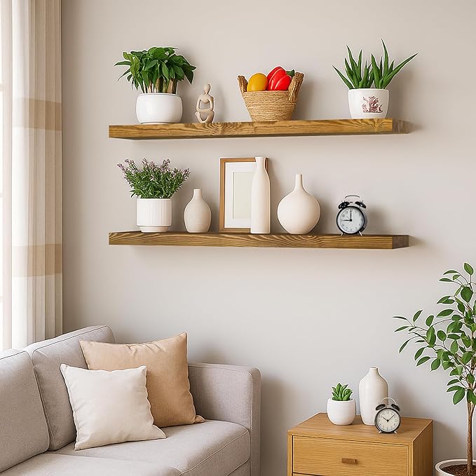 BGMG Wood Floating Shelves for Wall 42 inch Set of 2, Rustic Wooden Wall Mount Shelves for Living Room Bedroom Kitchen Farmhouse-42x6.7x1.25 inch- Gold Oak