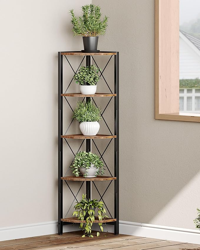 CHOEZON 5-Tier Corner Shelf, Corner Bookcase, 55.2" Tall Vertical Display Rack, Plant Stand, Open Storage Shelf, for Living Room, Bedroom, Study, Kitchen, Rustic Brown and Black TCJ12BF