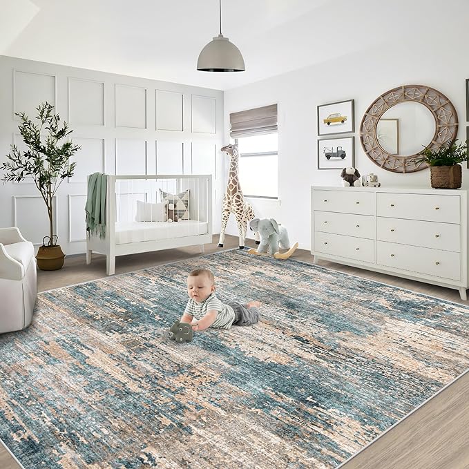 XLUEZ 8x10 Area Rugs for Living Room, Washable Modern Abstract Large Area Rug Neutral Soft Non Slip Kids Rug Stain Resistant Indoor Carpet for Bedroom Nursery Dining Room Playroom(GreenBrown, 8'x10')