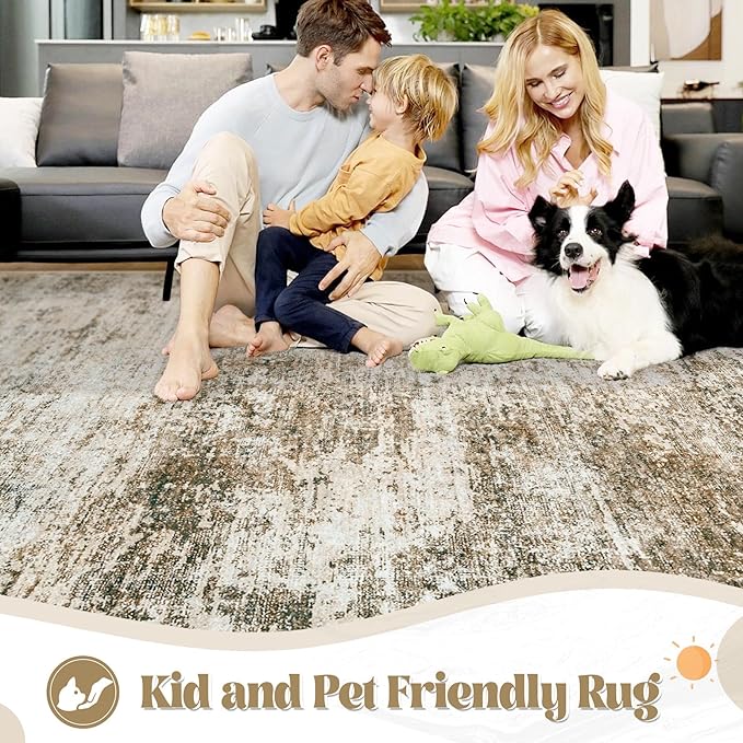 XLUEZ 8x10 Area Rugs for Living Room, Washable Modern Abstract Large Area Rug Neutral Soft Non Slip Kids Rug Stain Resistant Indoor Carpet for Bedroom Nursery Dining Room Playroom(Brown, 8'x10')