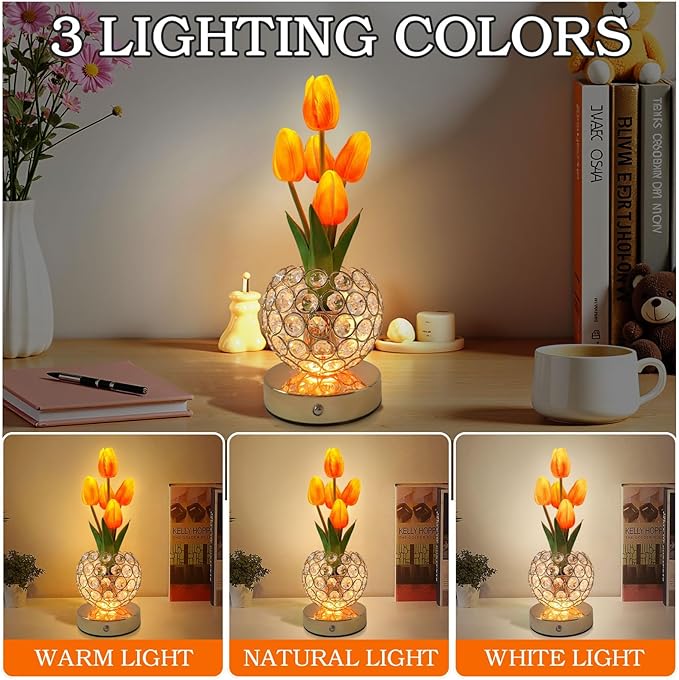 Cordless Tulip Flower Lamps, 3 Colors Touch Stepless Dimming Crystal Night Light, Rechargeable Artificial LED Flower with Vase Lamp Romantic Decor for Mothers Day,Xmas,Birthday (Pink)