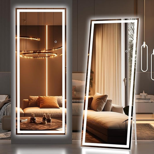 Hasipu Full Length Mirror with Lights, 67" x 22" LED Lighted Floor Standing, Full Body Dressing Hanging Mounted Mirror, Tempered Glass, Square White