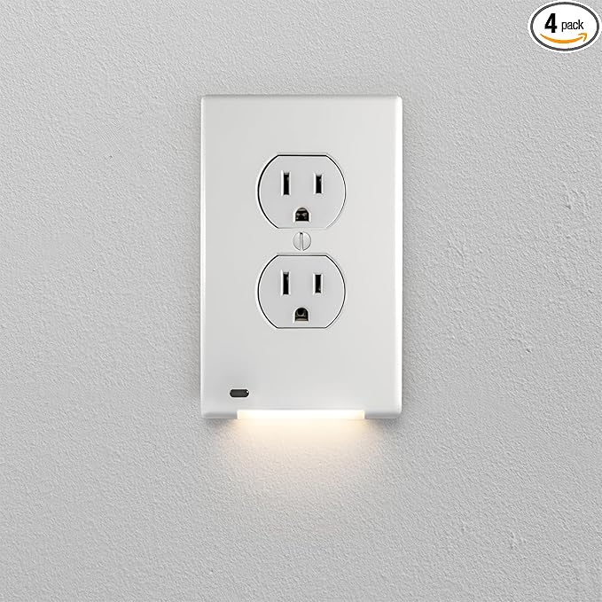 AMERELLE Universal LumiCover Wallplate with Built-In Night Light, Standard Duplex, White, 4-Pack - Easy DIY Installation, Convenient Low-Profile Design, for GFCI Outlets