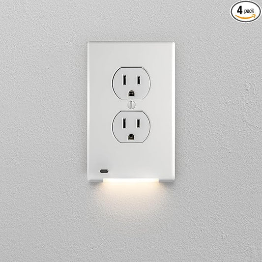 AMERELLE Universal LumiCover Wallplate with Built-In Night Light, Standard Duplex, White, 4-Pack - Easy DIY Installation, Convenient Low-Profile Design, for GFCI Outlets