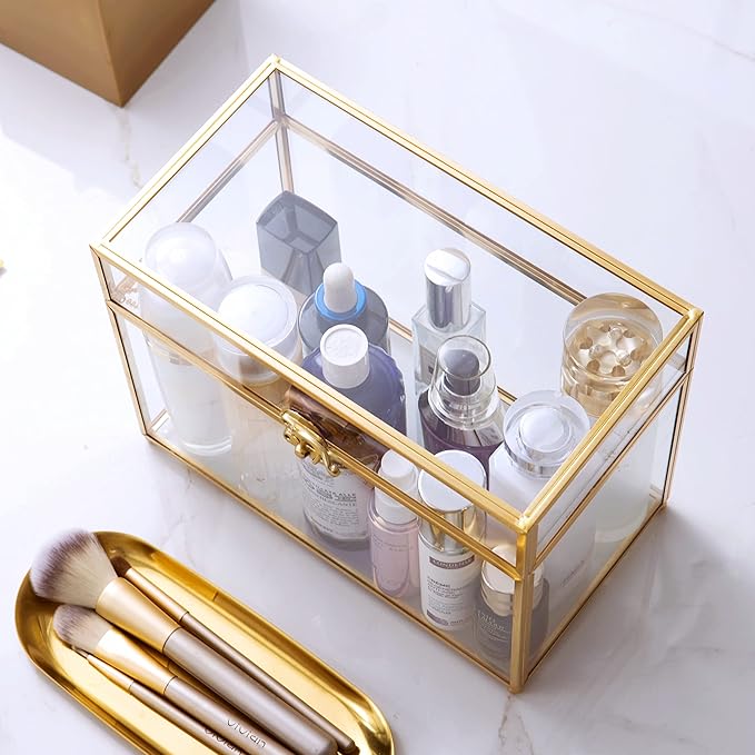 Vellon Gold Clear Glass Wedding Gift Card Box with Buckle Lock, Desktop Cosmetic Storage Organizer with Lib, Keepsake Box/Makeup Container, Golden Jewelry Box