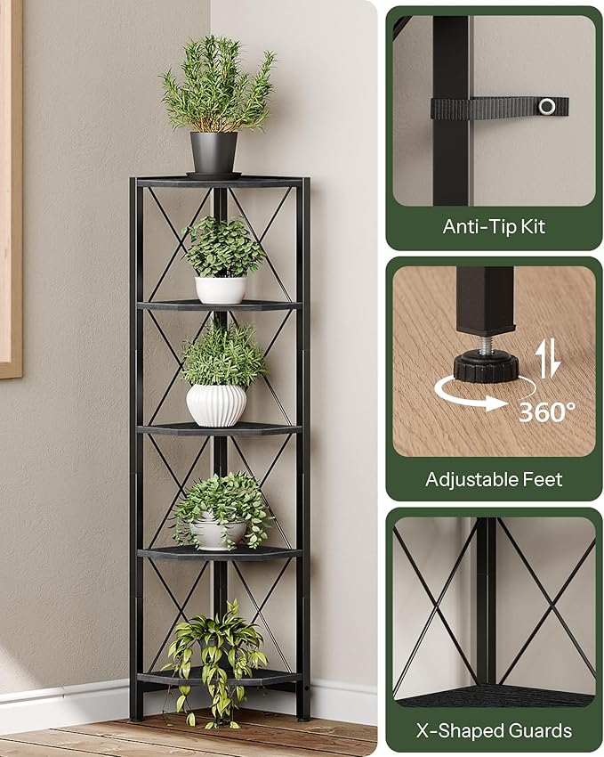 CHOEZON 5-Tier Corner Shelf, Corner Bookcase, 55.2" Tall Vertical Display Rack, Plant Stand, Open Storage Shelf, for Living Room, Bedroom, Study, Kitchen, Black TCJ12BB