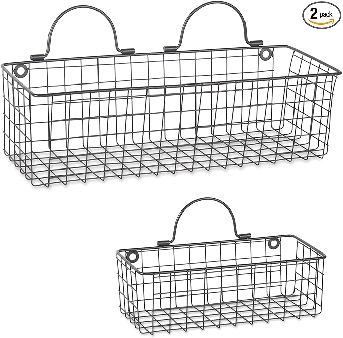 DII Farmhouse Vintage Décor, Wire Wall Basket, Assorted, Black, 2 Piece