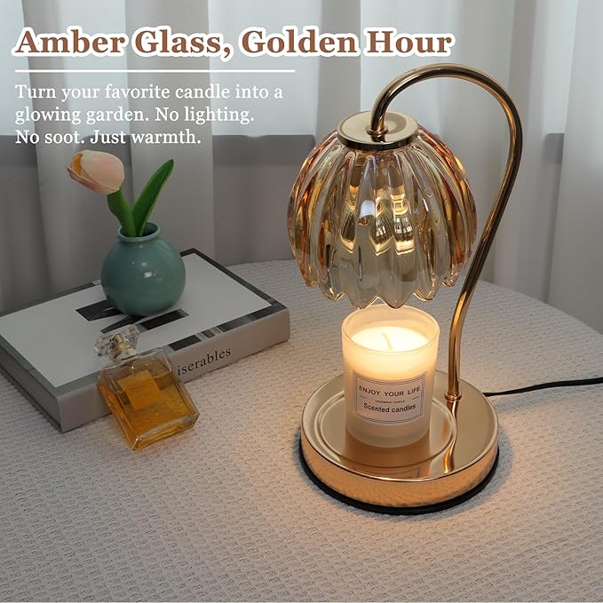 Candle Warmer Lamp with Timer & Dimmer, Aromatherapy Candle Lamp for Scented Candles, Modern Amber Glass Candle Lamp Warmer, Birthday Gift for Women Mom House Warming Gifts New Home Decor