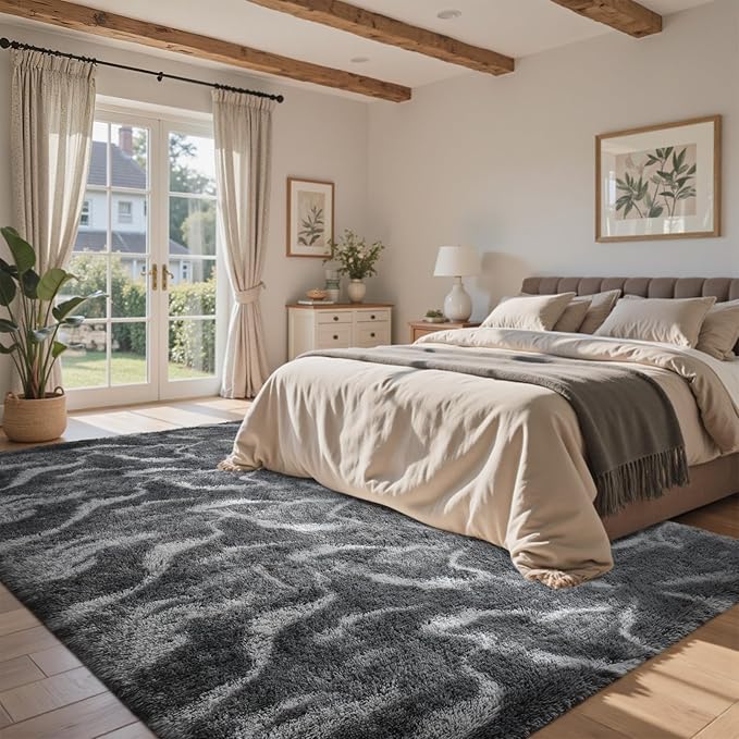5x7 Ft Area Rugs for Living Room, Grey Plush Fluffy Shaggy Bedroom Rugs Non-Slip, Ultra Soft Carpet for Nursery Kids PlayRoom Dorm Office Indoor