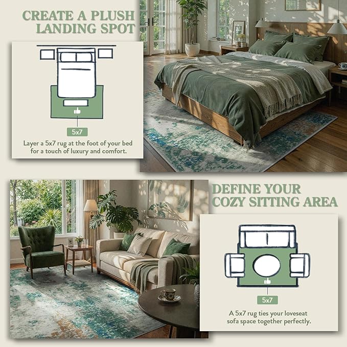 Lahome Modern Abstract Area Rug 5x7 Rugs for Living Room, Washable Accent Bedroom Rug Non-Slip Non Skid, Indoor Floor Contemporary Carpet for Kitchen Bathroom Laundry,Green/Grey