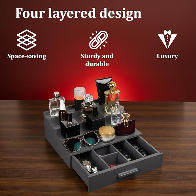 Cologne Organizer for Men，4 Tier Wood Perfume Display Stand with Velvet Lining Drawer and Hidden Compartment ，Perfume Organizer for Men，Great Gift for Man (Gray)