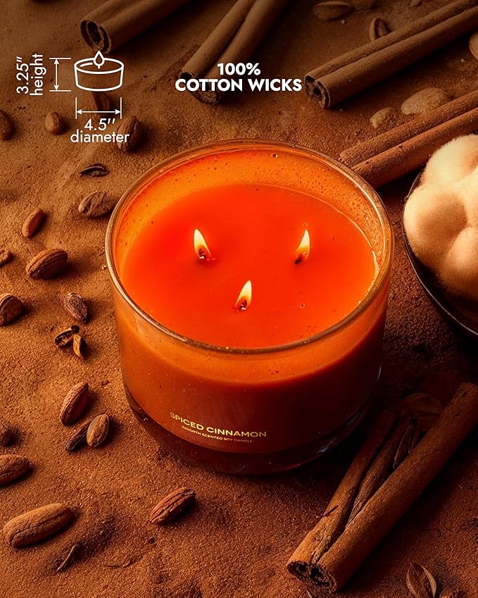 96NORTH Luxury Spiced Cinnamon Candle | Large 3 Wick Jar Candle | Up to 40 Hours Burning Time | 100% Natural Soy Wax | Relaxing Aromatherapy Aesthetic Candles | Housewarming Gift for Men and Women