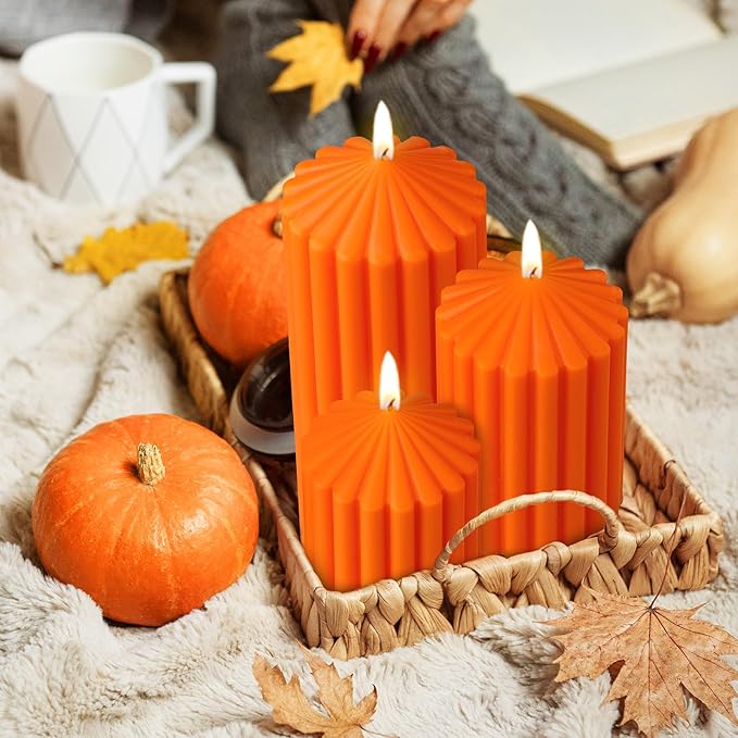 Conelist Set of 3 Orange Ribbed Pillar Candles Soy Wax Scented Ribbed Candles Includes 2.8, 4.2 and 5.1 Inches Heights Decorative Romantic Wedding Decoration for Couple Home Birthday Gift