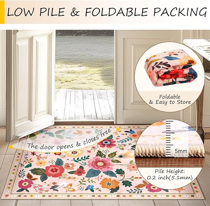 RELEANY Floral 5x7 Area Rug Machine Washable Soft Print Boho Carpet Non Slip Doormat Low Pile Flower Area Rugs for Living Room Bedroom Nursery Kitchen Dining Room Indoor-Pink