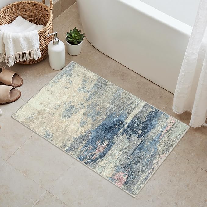 GENIMO 2X3 Washable Modern Doormat, Non-Slip Low Pile Chenille Area Rug, Small Entry Mat for Entrance Hallway Kitchen Bathroom, Dusk Tide