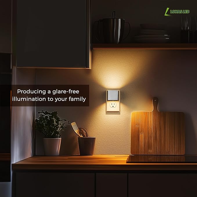 L LOHAS LED Night Light,Night Lights Plug into Wall,[2-Pack] Dimmable Night Light with Light Sensor,3000K Warm White,Silver Nightlight for Bathroom Hallway Kitchen