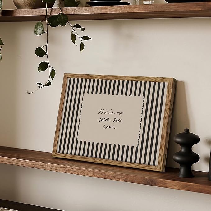 Framed Vintage Inspirational Wall Art, Minimalist There is No Place Like Home Canvas Wall Decor Painting, Black and White Striped Quote Poster Print Picture for Living Room Bedroom 12x16 Inch