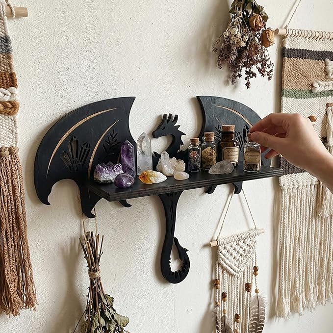 Gothic Evil Dragon Decor with LED Light Crystal Display Shelf for Wall, Wooden Witchy Shelf Rock Display Case Knick Knack Organizer Trinket Holder, Wall Hanging Shelves for Essential Oil & Nail Polish