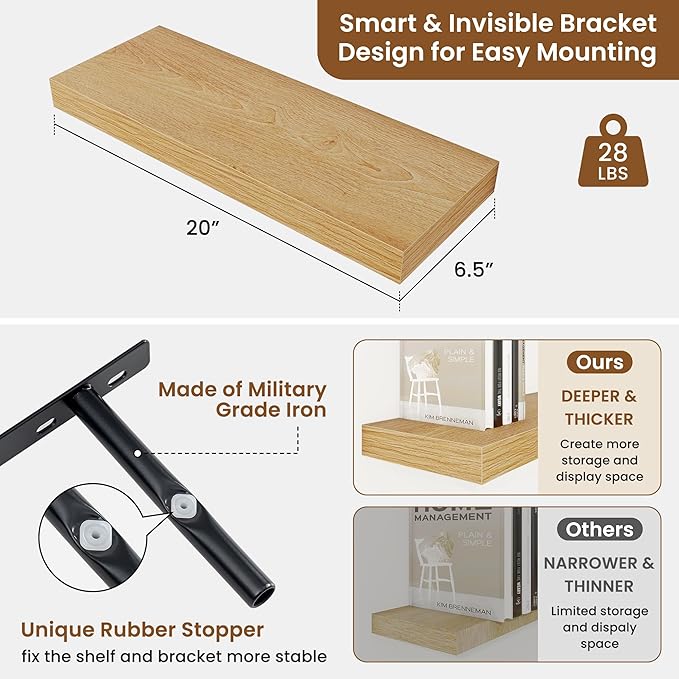 fuqing Floating Shelves for Wall, Wall Mounted Wood Floating Shelf with Invisible Brackets for Living Room, Bathroom, Bedroom, Kitchen Storage and Decor, 20 Inch Set of 2, Oak