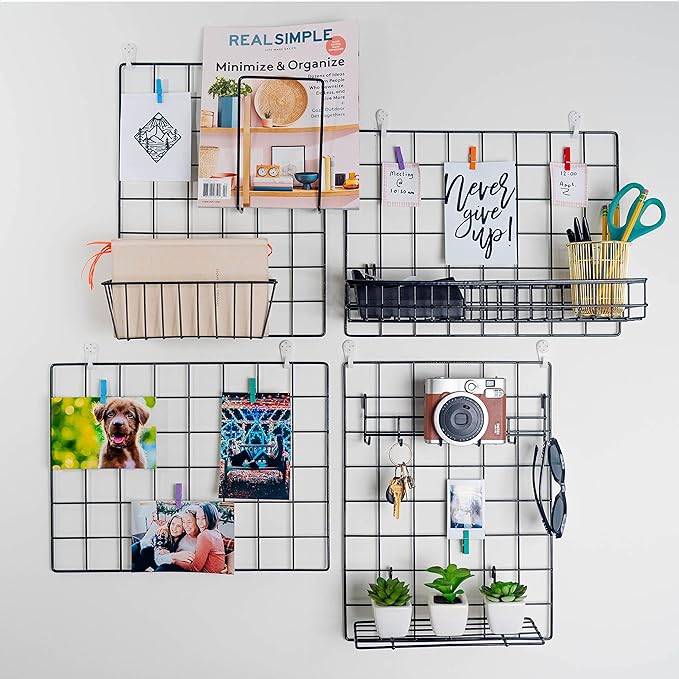 2 Pack Wire Wall Grid Panel With Accessories | Includes Hanging Basket, Shelf & Hook Rack | Photo Grid Wall Panels | Hanging Home, Office & Kitchen Décor | Metal & Black