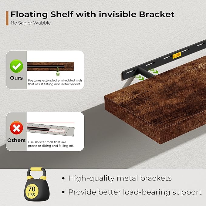Fun Memories 55 Inch Floating Shelves for Wall, Fireplace Mantel Shelf with Invisible Heavy Duty Bracket, 8 Inch Deep Storage Shelf for Living Room, Kitchen, Farmhouse, Brown (2-Pack)
