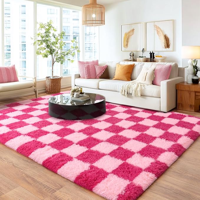 Checkered 8x10 Area Rugs for Living Room, Ultra Soft Fluffy Large Shaggy Rug Carpet for Bedroom, Non-Slip Fuzzy Plush Rugs for Nursery Boys Girls Kids Room Modern Indoor Home Decor, Pink and Hot Pink