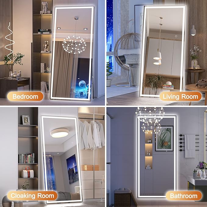Hasipu Full Length Mirror with Lights, 83" x 36" LED Lighted Floor Standing, Full Body Dressing Hanging Mounted Mirror, Tempered Glass, Square Black