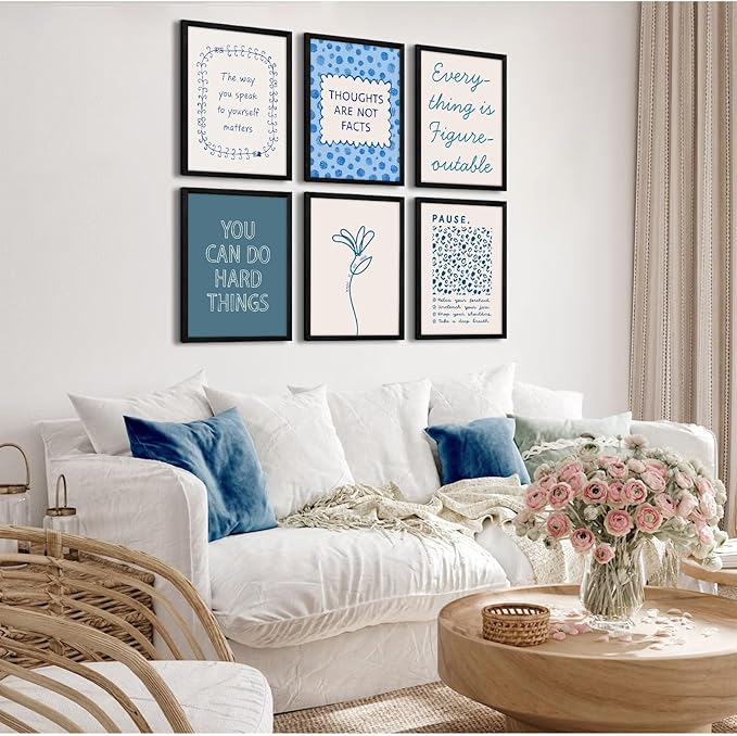 Mental Health Wall Decor Therapy Office Canvas Wall Art Posters Blue Boho Motivational Picture Psychology Artwork Inspirational Positive Quotes Prints for Counseling Office 12x16 Inch Wood Framed 6Pcs
