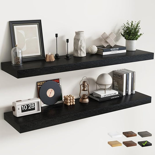 40 Inch Floating Shelves for Wall with Invisible Brackets Set of 2, 9"D Engineered Wood Wall Shelves with Wood Grain for Living Room, Bedroom, Bathroom, Kitchen Decor and Storage, Black Finish