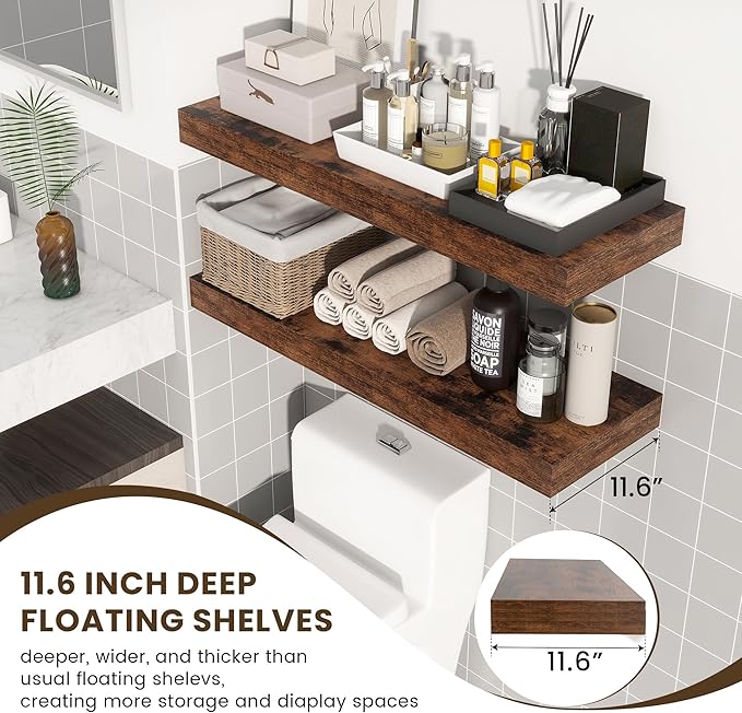 FLYJOE Deep Floating Shelves | 36 Inch Brown Floating Shelves Set of 2 | 12 Inch Deep Rustic Wood Shelves for Wall | 36" W x 12" D Brown Shelves for Living Room Bathroom Laundry Room Kitchen