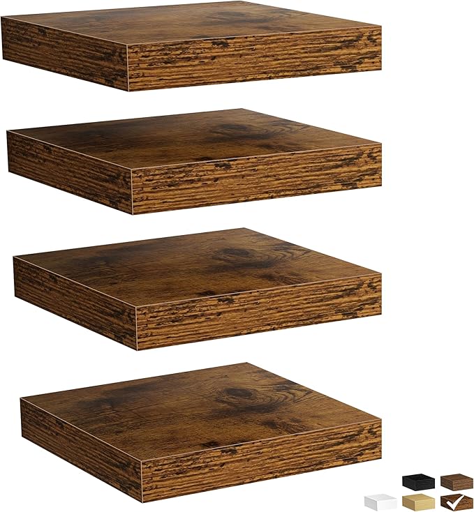 Fun Memories Floating Shelves for Wall, Rustic Wood Wall Mounted Shelves for Bathroom, Bedroom, Living Room and Kitchen, Storage & Home Decor (Set of 4, Brown, 9.3 in)