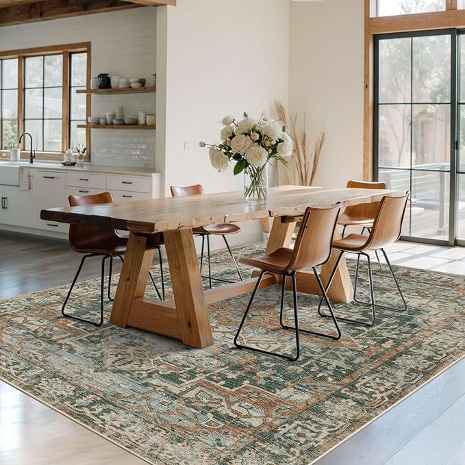 Rugxara 6x9 Area Rugs for Living Room Bedroom, Large Washable Rug, Green Vintage Floral Boho Style, Non Slip & Low Pile Carpet for Indoor Dining Room, Dorm and Kids Room(Green 6x9ft)