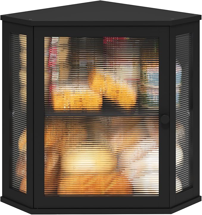viewcare Corner Bread Box for Kitchen Counter, Bamboo Wood Large Capacity Bread Storage Bin with Acrylic Wavy Door Panel (Black, Extra Large)